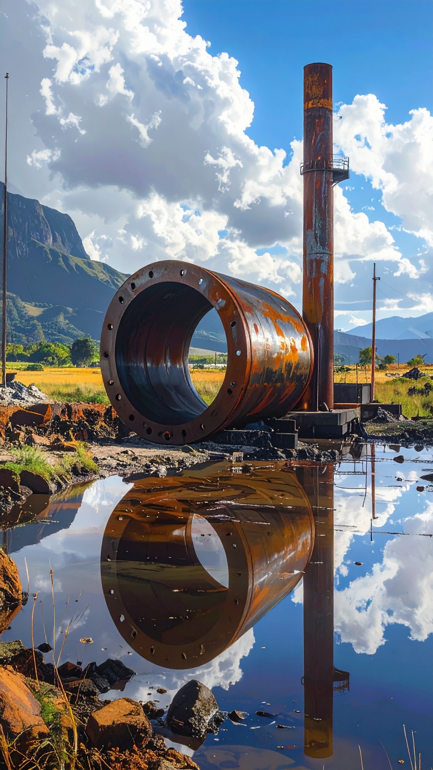 Rusty Metal Structure Reflected in Water Pool